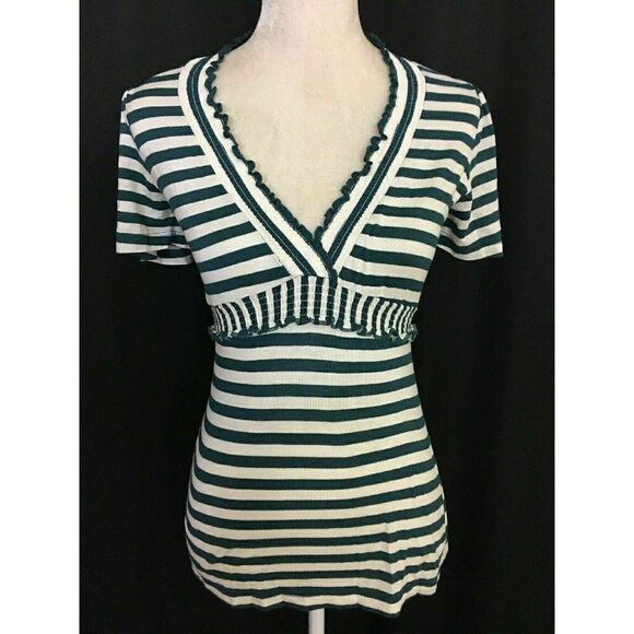 Bcbg maxazria Womens Teal Blue Green White striped Short Sleeve V Neck Top Xxs - Picture 1 of 7